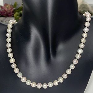 White Fresh Water Pearl Hand Knotted Necklace With Sterling Silver Heart Clasp